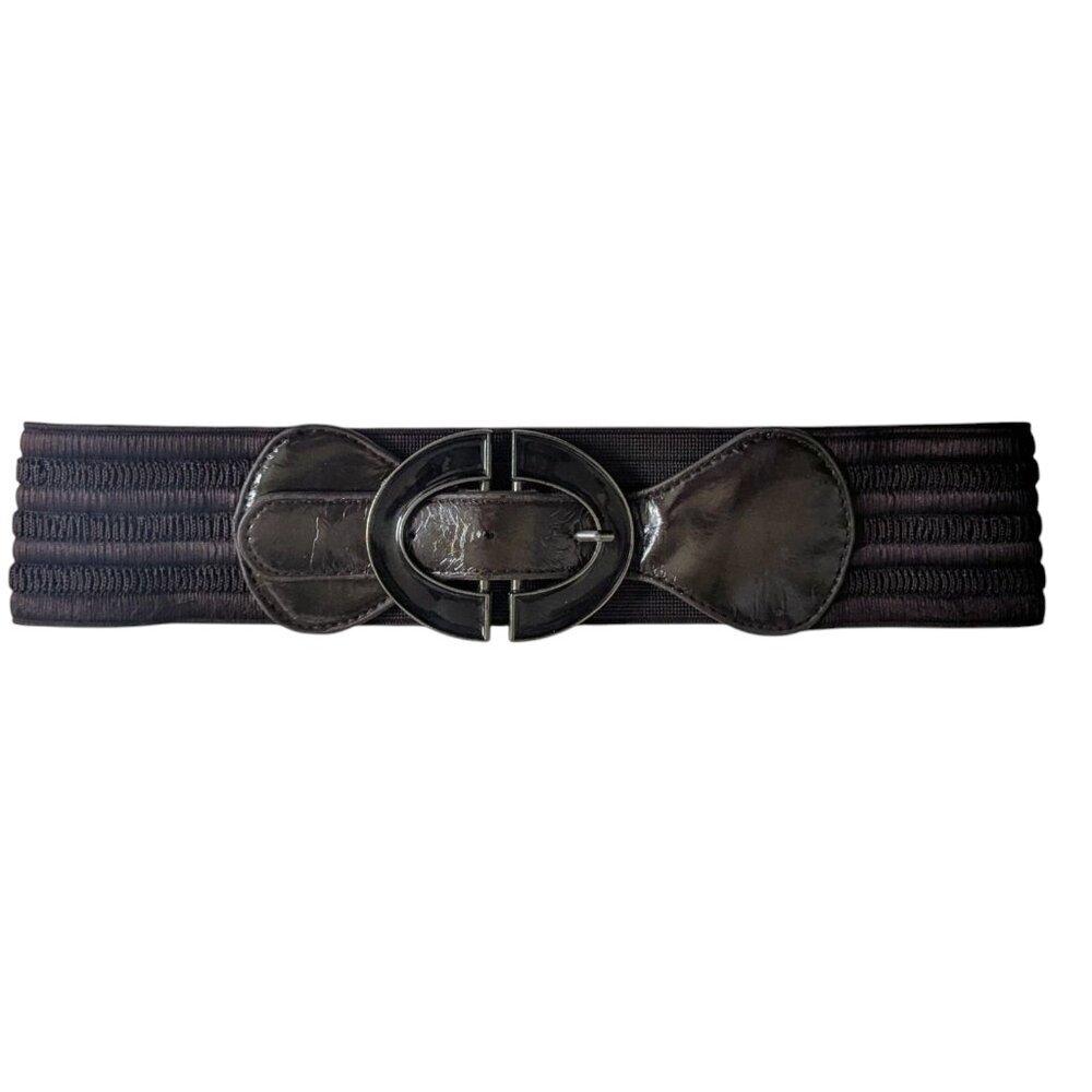 Vintage Stretch Wide Faux Patent Leather Waist Belt Buckle Brown‎ Black